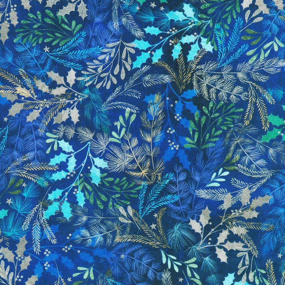 Peaceful 5" Charm Squares, Robert Kaufman CHS-1313-42, 5" Precut Blue Cream Christmas Floral Fabric Squares