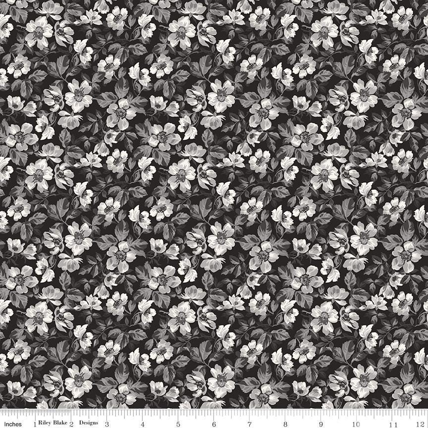 Ink and Ivory 10" Stacker, Riley Blake 10-16910-42, 10" Precut Black Cream Gray Floral Quilt Fabric Squares