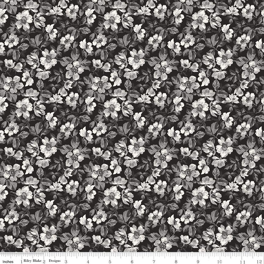 Ink and Ivory 5" Stacker, Riley Blake 5-16910-42, 5" Precut Black Cream Gray Floral Quilt Fabric Charm Squares