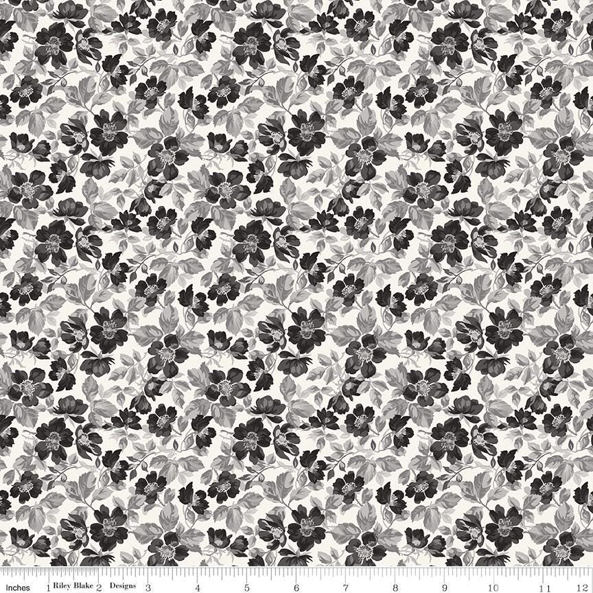Ink and Ivory 5" Stacker, Riley Blake 5-16910-42, 5" Precut Black Cream Gray Floral Quilt Fabric Charm Squares