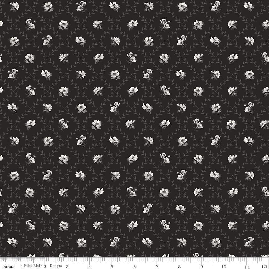 Ink and Ivory 10" Stacker, Riley Blake 10-16910-42, 10" Precut Black Cream Gray Floral Quilt Fabric Squares