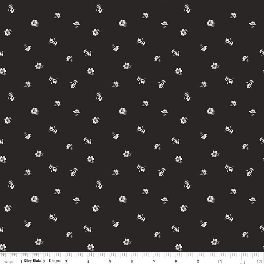 Ink and Ivory 10" Stacker, Riley Blake 10-16910-42, 10" Precut Black Cream Gray Floral Quilt Fabric Squares