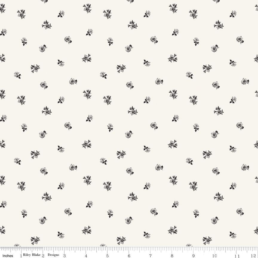 Ink and Ivory 5" Stacker, Riley Blake 5-16910-42, 5" Precut Black Cream Gray Floral Quilt Fabric Charm Squares
