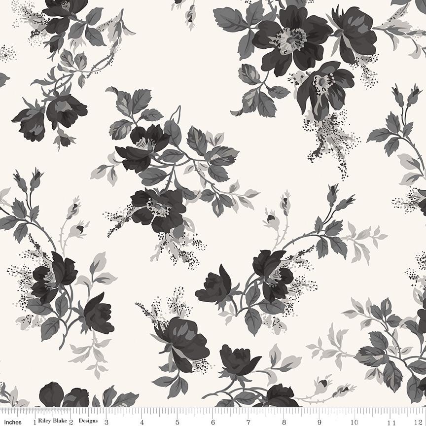 Ink and Ivory Rolie Polie, Riley Blake RP-16910-40, 2.5" Precut Black Cream Gray Floral Fabric Strips