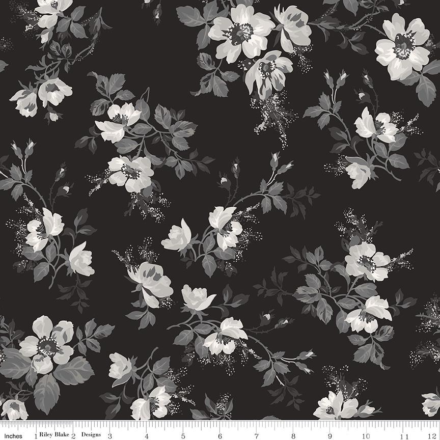 Ink and Ivory Rolie Polie, Riley Blake RP-16910-40, 2.5" Precut Black Cream Gray Floral Fabric Strips