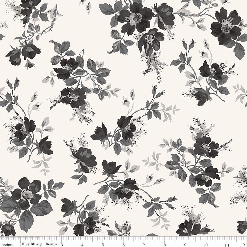 Ink and Ivory Rolie Polie, Riley Blake RP-16910-40, 2.5" Precut Black Cream Gray Floral Fabric Strips