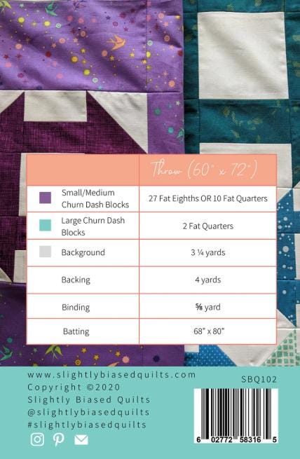 Tangential Quilt Pattern, Slightly Biased Quilts SBQ102, Fat Eighths Quarters F8 FQ Friendly Churn Dash Throw Quilt Pattern