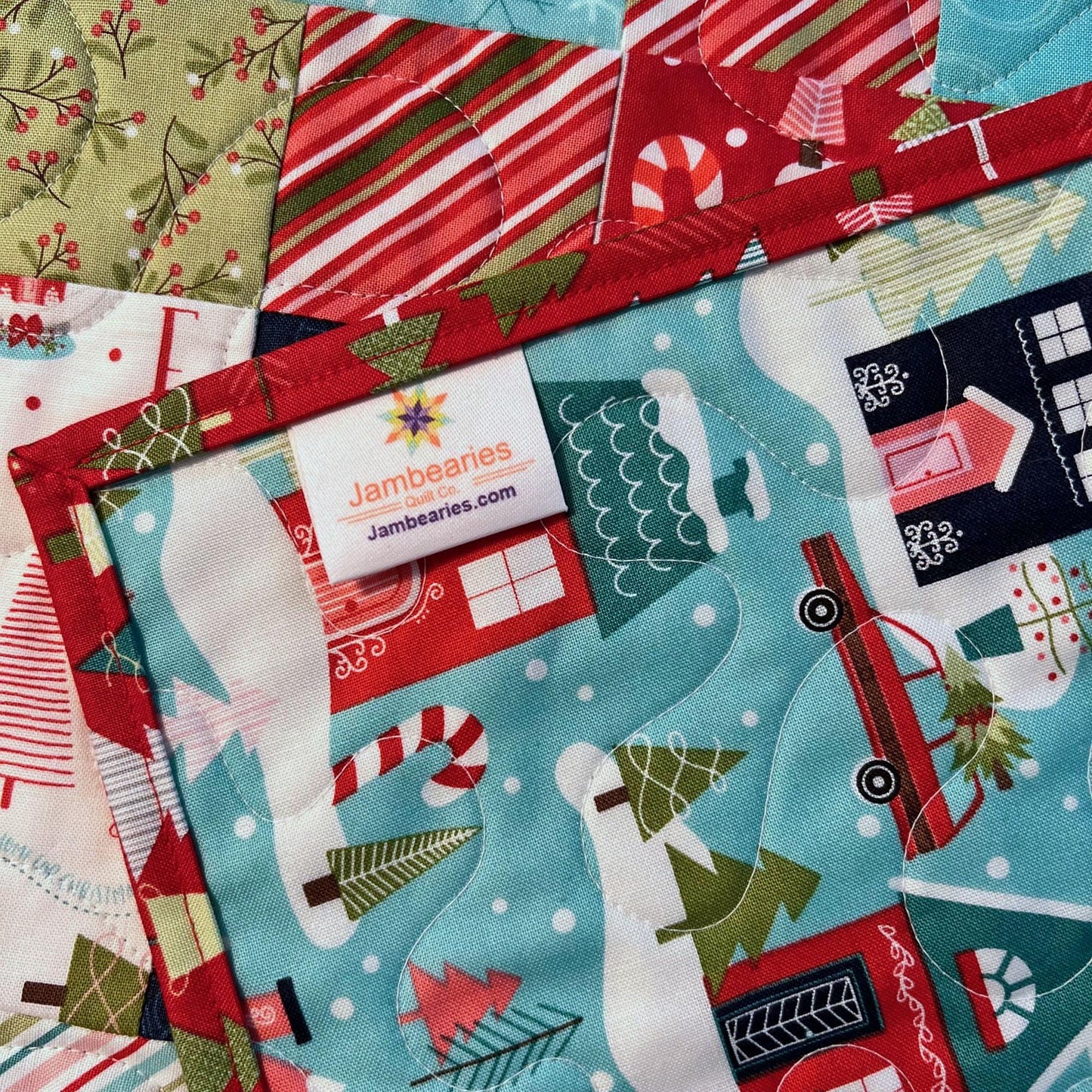 Cup of Cheer Christmas Quilted Table Topper, 26.5" Square Table Topper, Disappearing 9 Patch Red Blue Green Xmas Table Quilt