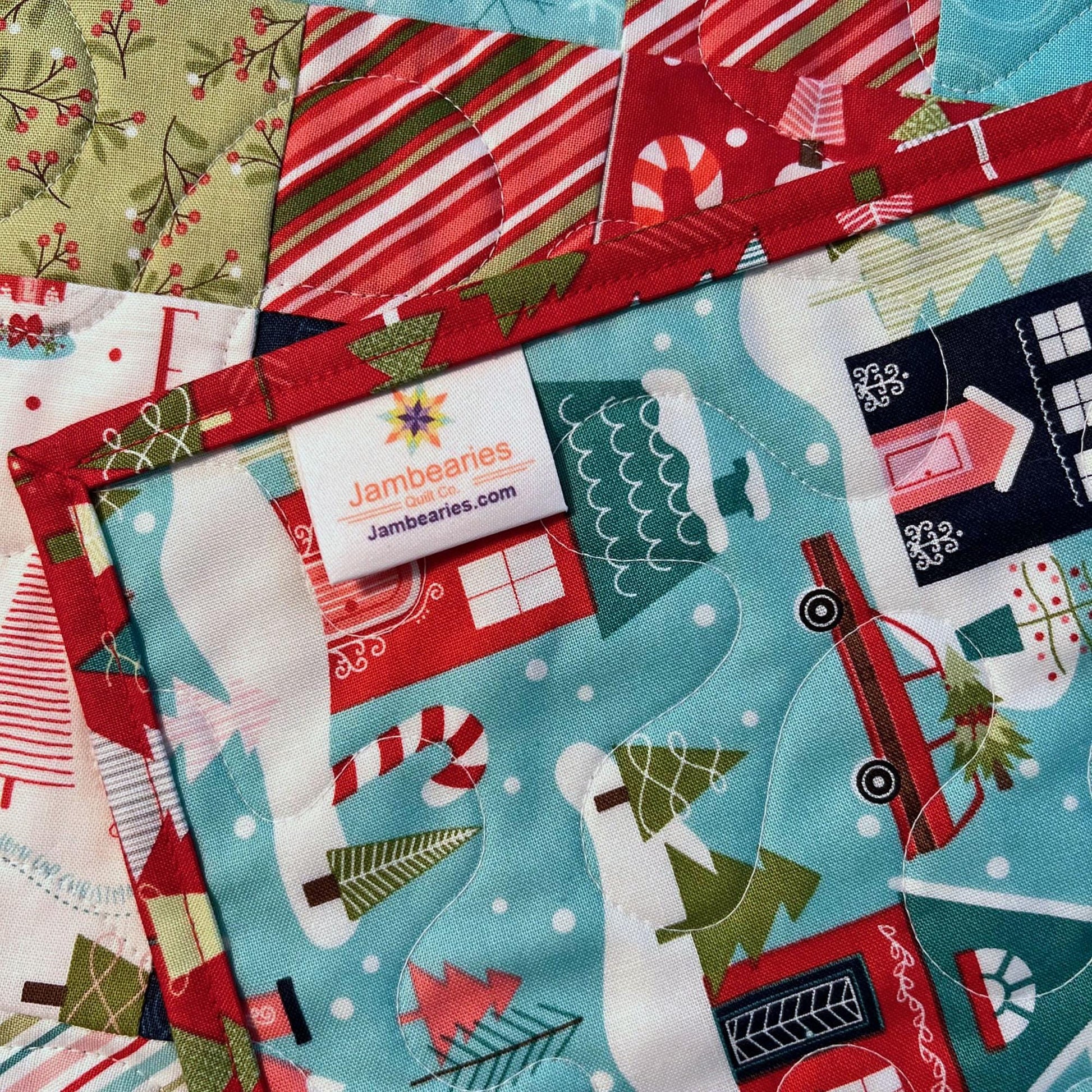 Cup of Cheer Christmas Quilted Table Topper, 26.5" Square Table Topper, Disappearing 9 Patch Red Blue Green Xmas Table Quilt