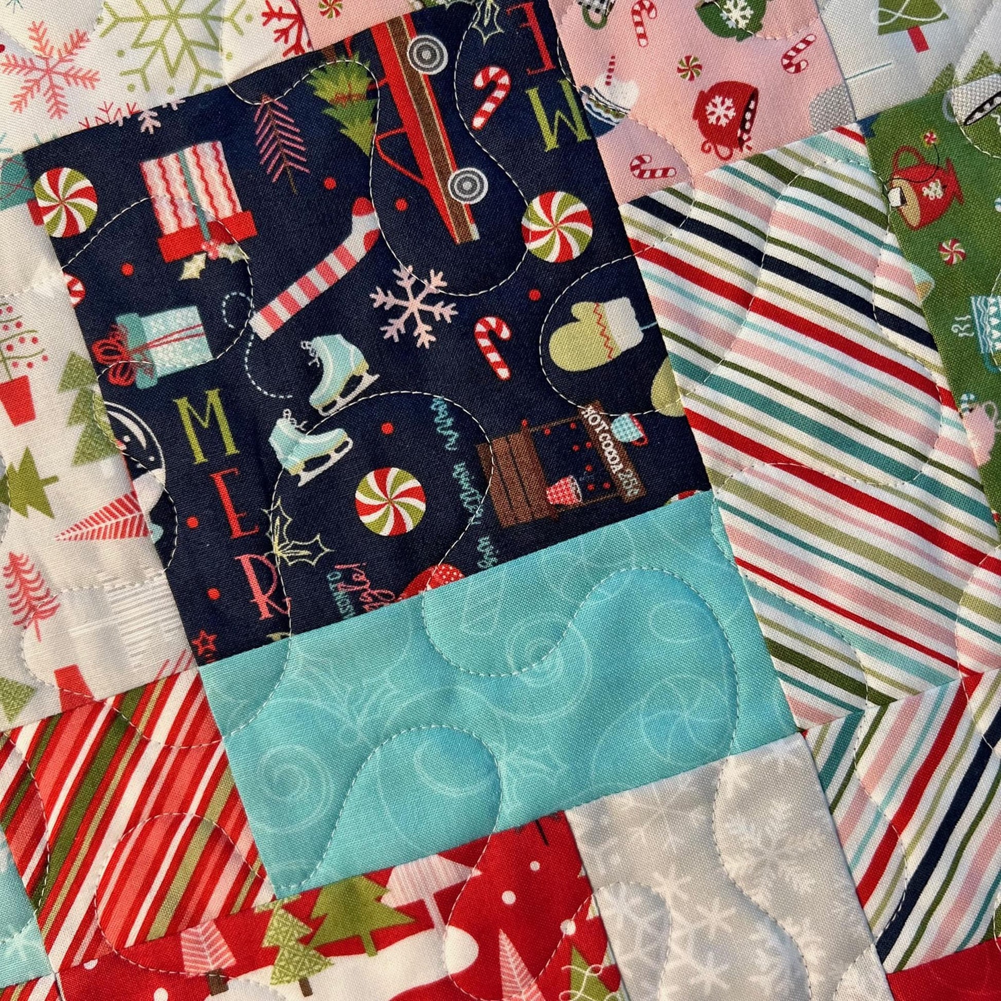 Cup of Cheer Christmas Quilted Table Topper, 26.5" Square Table Topper, Disappearing 9 Patch Red Blue Green Xmas Table Quilt