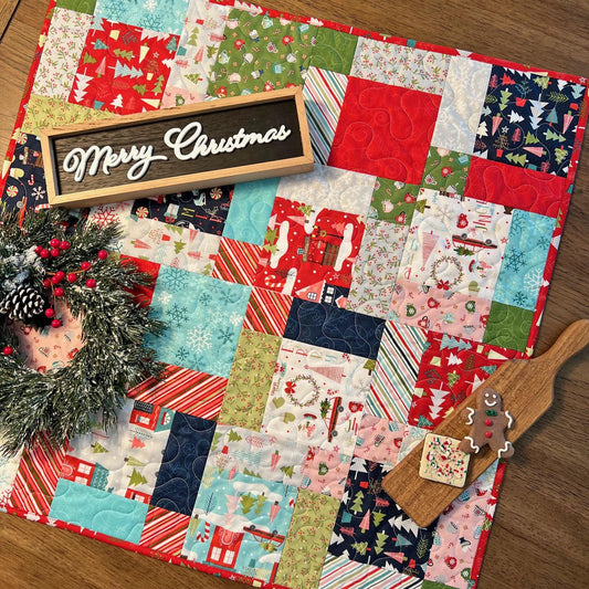 Cup of Cheer Christmas Quilted Table Topper, 26.5" Square Table Topper, Disappearing 9 Patch Red Blue Green Xmas Table Quilt