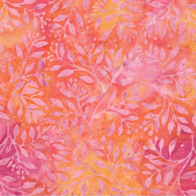 Berry Crush - Sunset Orange Pink Leaf Vine Batik Fabric, Island Batik 712543810, Orange Pink Leaves Batiks, By the Yard