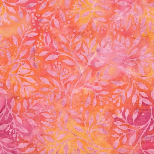 REMNANT 1 Yard 11" of Berry Crush - Sunset Orange Pink Leaf Vine Batik Fabric, Island Batik 712543810, Orange Pink Leaves Batiks