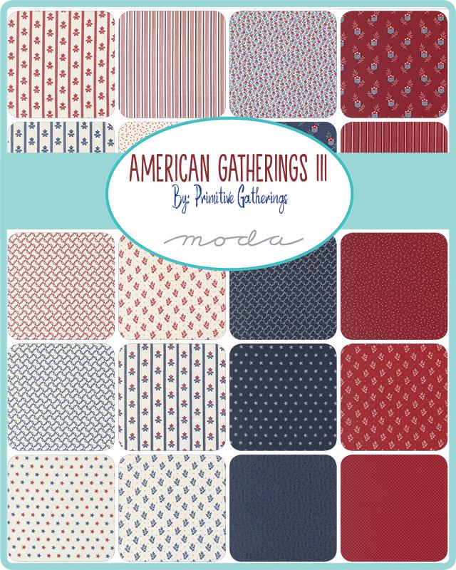 American Gatherings III 3 5" Charm Pack, Moda 49320PP, 5" Precut Red White Blue Low Volume Americana Patriotic Fabric, Primitive Gatherings