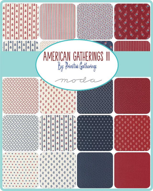American Gatherings III 3 5" Charm Pack, Moda 49320PP, 5" Precut Red White Blue Low Volume Americana Patriotic Fabric, Primitive Gatherings