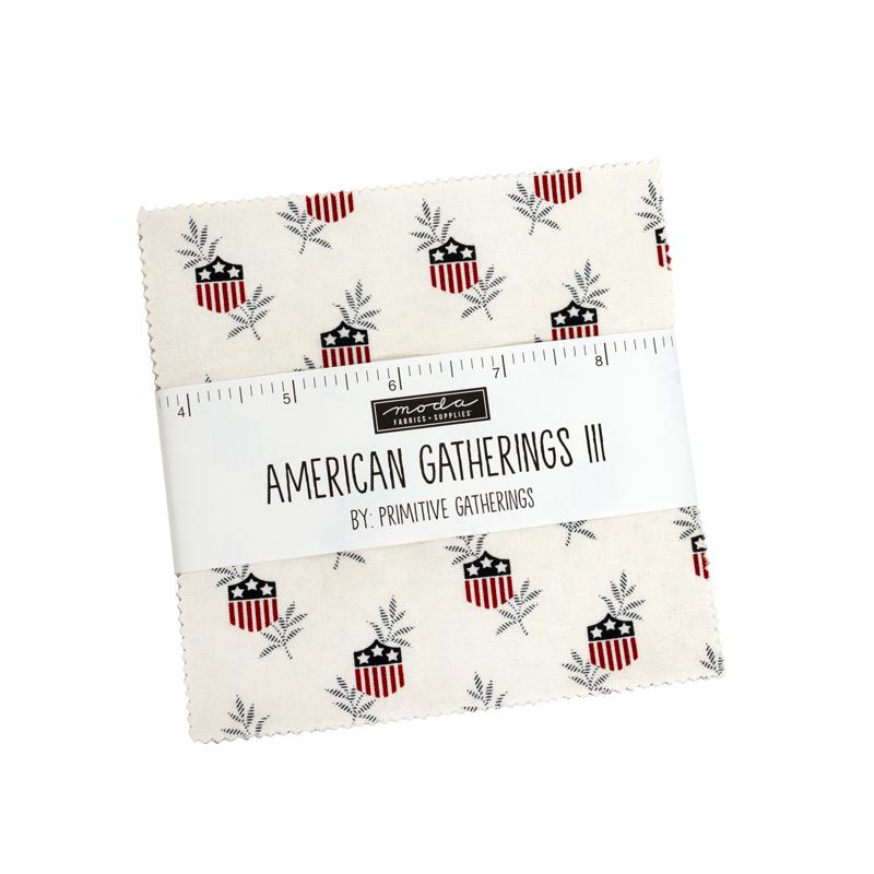 American Gatherings III 3 5" Charm Pack, Moda 49320PP, 5" Precut Red White Blue Low Volume Americana Patriotic Fabric, Primitive Gatherings