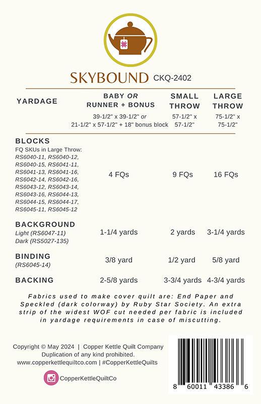 Skybound Quilt Pattern, Copper Kettle Quilt Co CKQ2402, Fat Quarter FQ Friendly Runner Baby Lap Throw Quilt Pattern, Flying Geese Quilt