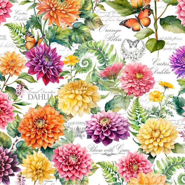 Dahlia Botanica- Pink Yellow Orange Flowers on White Fabric, Wilmington Prints 33923-185, Large Floral Multi Fabric, Nancy Mink, By the Yard