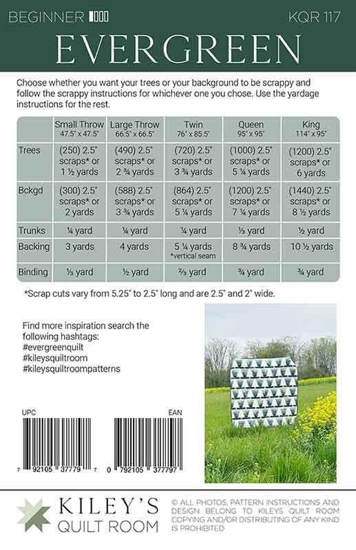 Evergreen Quilt Pattern, Kiley's Quilt Room KQR117, 2.5" Jelly Roll Strips Scrap Friendly Christmas Pine Trees Cabin Life Quilt Pattern