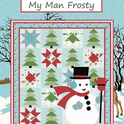 My Man Frosty Quilt Pattern, Coach House Designs CHD2448, Yardage Friendly Christmas Xmas Snowman Stars Trees Star Applique Quilt Pattern