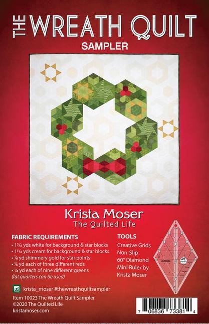 The Wreath Sampler Quilt Pattern, The Quilted Life TQL10023, Fat Quarter Yardage Friendly Christmas Wreath Lap Quilt Pattern, Diamond Mini