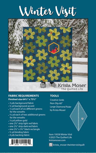 Winter Visit Quilt Pattern, The Quilted Life TQL10038, Yardage Friendly Christmas Wreaths Cardinal Lap Quilt Pattern, Diamond Ruler, Moser