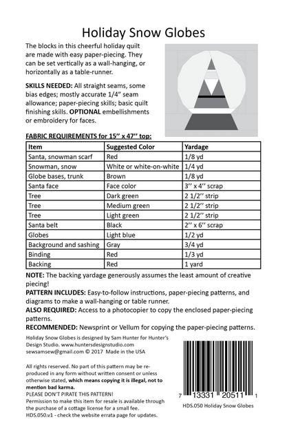 Holiday Snow Globes FPP Quilt Pattern, Hunter's Design Studio HDS050, Christmas Wall Table Quilt Pattern, Easy Paper Piecing Pattern