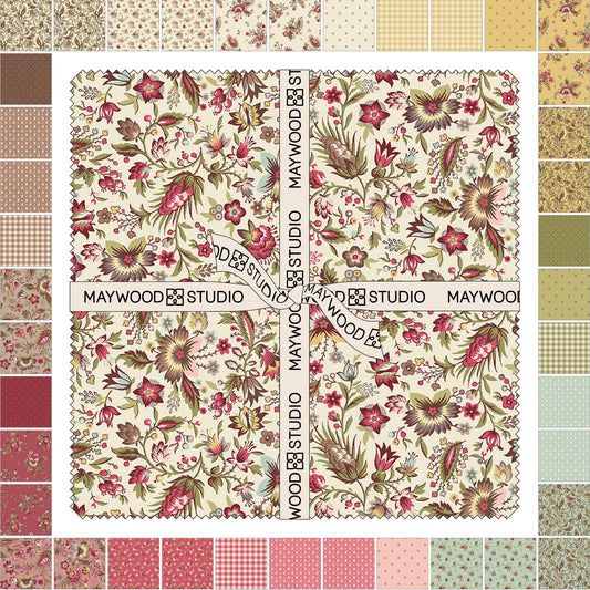 French Market 10" Squares, Maywood Studio SQ-MASFRMA, 10" Precut Purple Cream Brown Red Yellow Green Floral Fabric Squares
