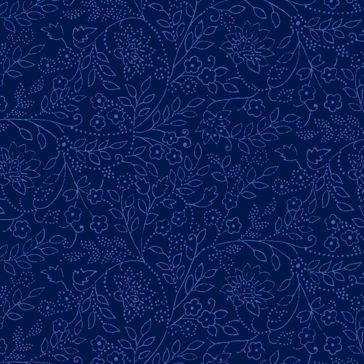 Blue Belle - Medium Blue Trailing Leaf and Flowers on Navy Fabric, Maywood Studio MAS10909-N, Navy Quilt Blender Cotton Fabric, By the Yard