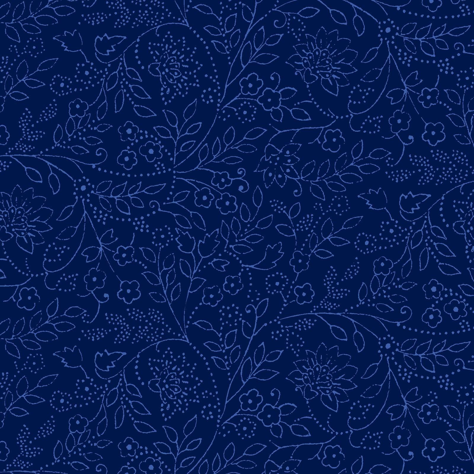 Blue Belle - Medium Blue Trailing Leaf and Flowers on Navy Fabric, Maywood Studio MAS10909-N, Navy Quilt Blender Cotton Fabric, By the Yard