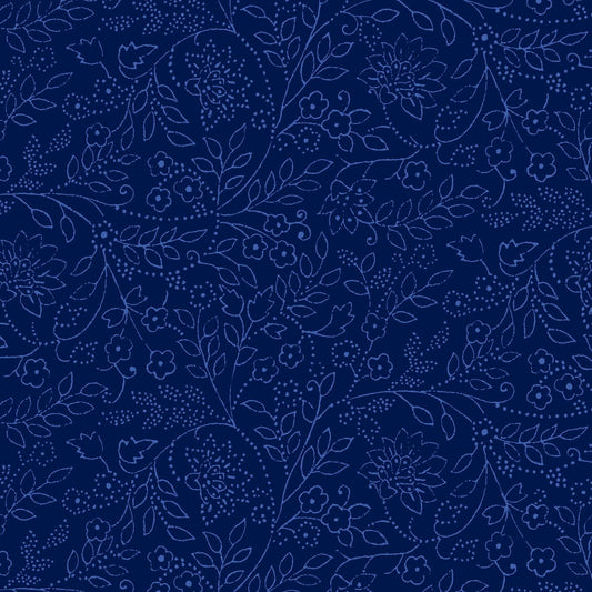 Blue Belle - Medium Blue Trailing Leaf and Flowers on Navy Fabric, Maywood Studio MAS10909-N, Navy Quilt Blender Cotton Fabric, By the Yard