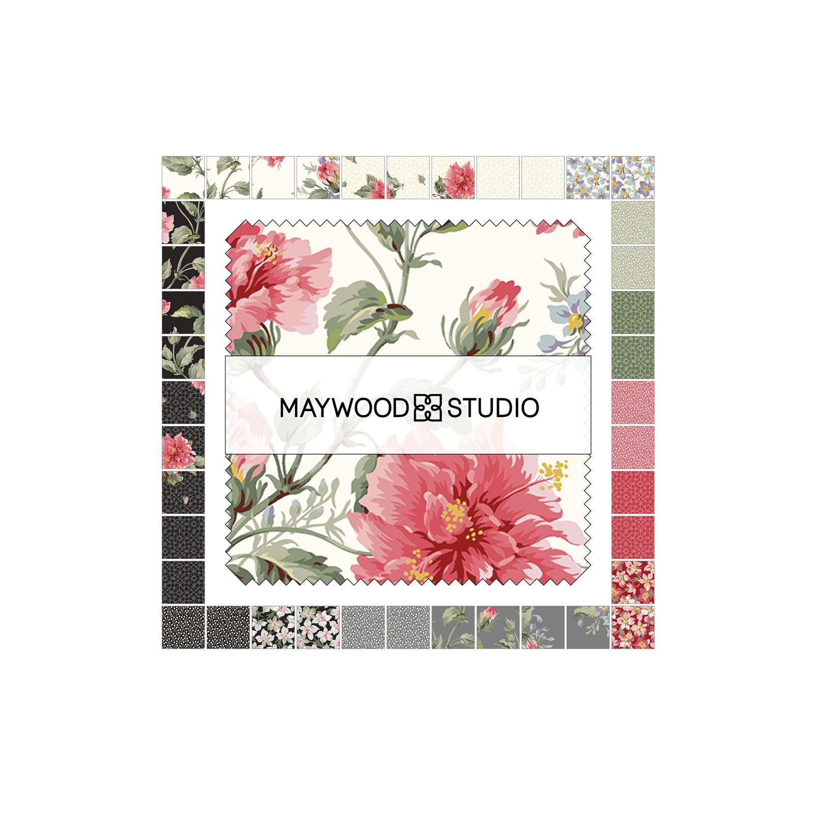 Marlowe 5" Charm Pack, Maywood Studio CP-MASMARL, 5" Precut Pink Black Gray Green Cream Floral Charm Pack Fabric Squares