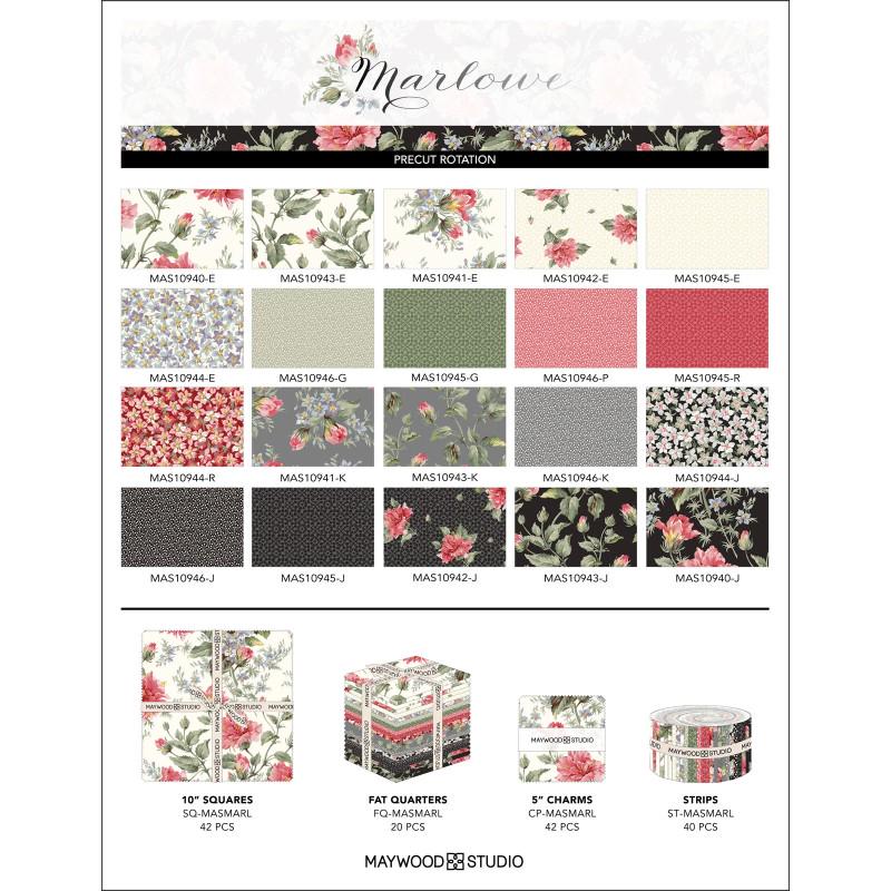 Marlowe 5" Charm Pack, Maywood Studio CP-MASMARL, 5" Precut Pink Black Gray Green Cream Floral Charm Pack Fabric Squares