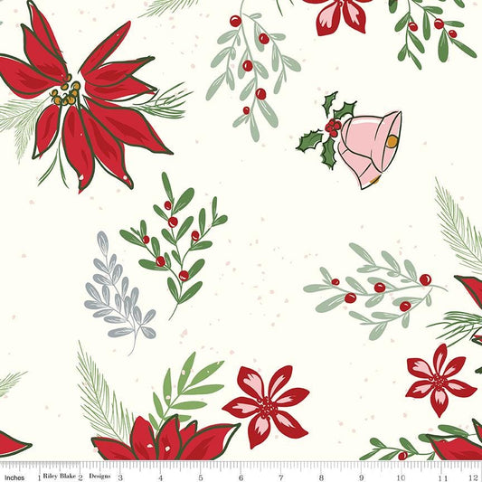 108" Mistletoe and Holly - 3 Yard Cut of Poinsettias on White Wide Quilt Back Fabric, Riley Blake 3YD-WB16409-Cloud