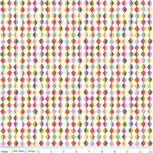 Zinnias - Multicolored Kites on White Fabric, Riley Blake C16696-White, Multi Kite Stripes on White Cotton Fabric, Lila Tueller, By the Yard