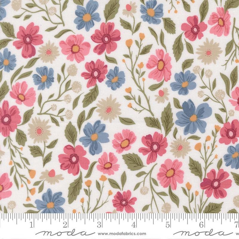 Wild Honey - Pink Blue Wildflowers on White Fabric, Moda 5250-11 Daisy, Pink Blue White Floral Fabric, Lella Boutique, By the Yard