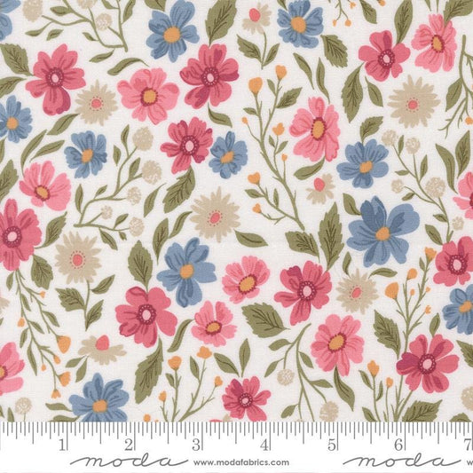 Wild Honey - Pink Blue Wildflowers on White Fabric, Moda 5250-11 Daisy, Pink Blue White Floral Fabric, Lella Boutique, By the Yard