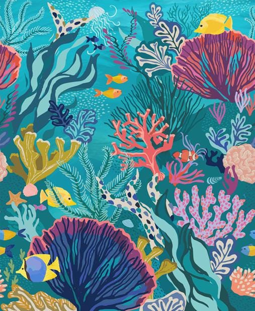 Reef - 36" Ocean Coral Fish Underwater Fabric Panel, Moda 27349 11 Reef, Beach Ocean Nautical Fabric, Kate Spain