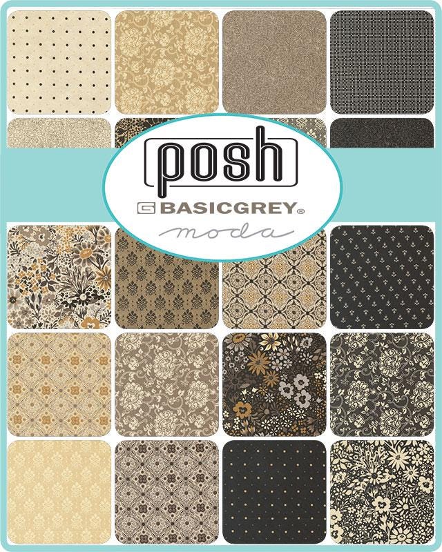 Posh 5" Charm Pack, Moda 30770PP, 5" Precut Black Gray Brown Tan Floral Fabric Squares, BasicGrey