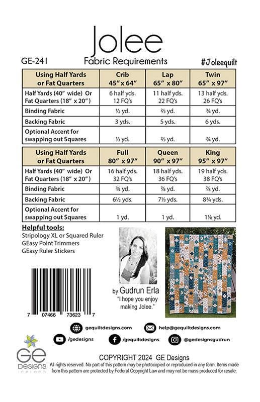 Jolee Quilt Pattern, GE Designs GE241, Fat Quarter FQ Half Yards Friendly Stripology Squared or XL Ruler Pattern, Gudrun Erla