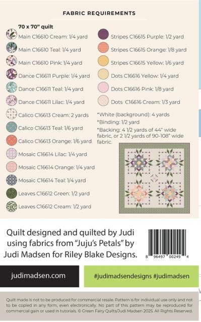 Juju's Petals Quilt Pattern, Judi Madsen JMP123, Yardage Friendly Flower Throw Bed Quilt Pattern, Square Quilt Pattern
