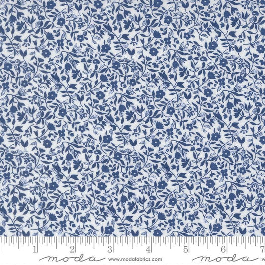 Blueprint - Navy Blue Flowers on White Fabric, Moda 55335 26 White Navy, Small Floral Navy White Blender Fabric, Roskelley, By the Yard