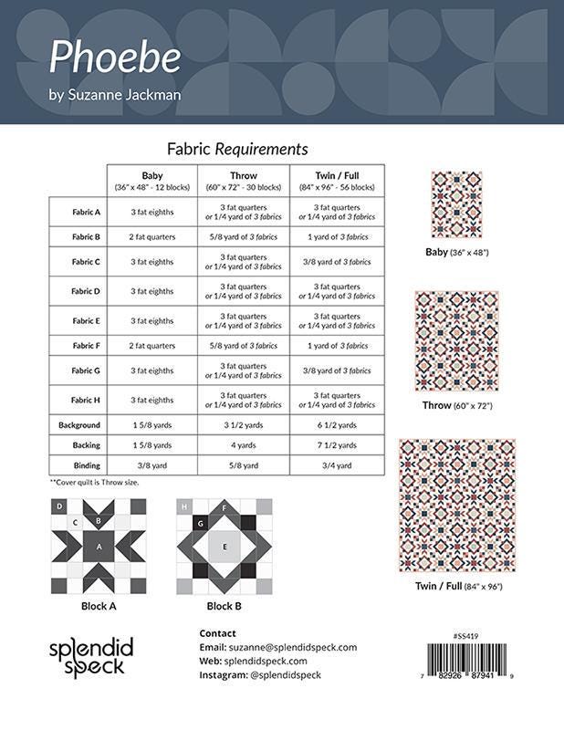 Phoebe Quilt Pattern, Splendid Speck SS419, Fat Quarter Yardage Friendly Baby Throw Twin Full Bed Quilt Pattern, Suzanne Jackman