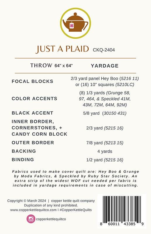 Just a Plaid Quilt Pattern, Copper Kettle Quilt Co CKQ2404, Layer Cake Panel Blocks Friendly Throw Quilt Pattern