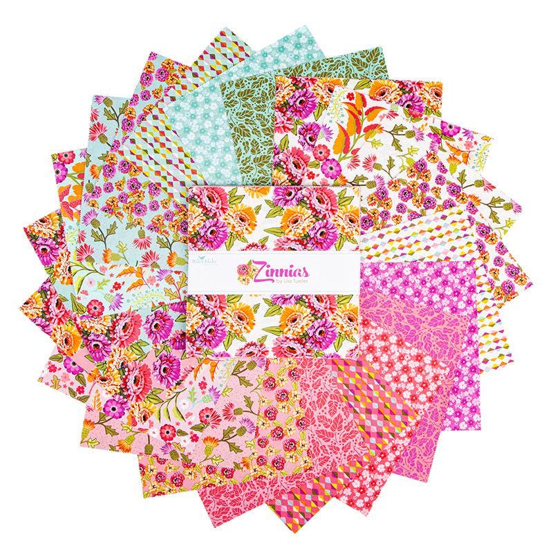 Zinnias 10" Stacker, Riley Blake 5-16690-42, 10" Precut Bright Floral Layer Cake Fabric Squares, Lila Tueller