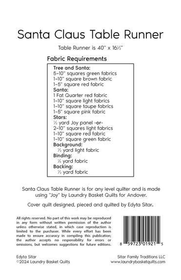 Santa Claus Table Runner Quilt Pattern, Laundry Basket Quilts LBQ-1921-P, Precuts Yardage Friendly Christmas Xmas Table Runner Pattern
