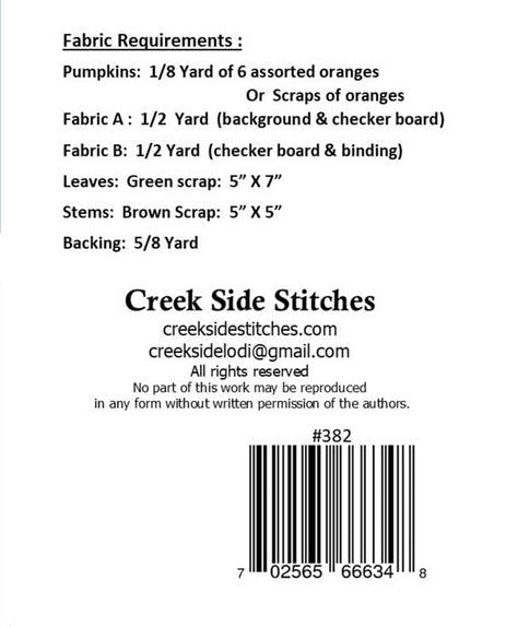 Sweet October Table Runner Quilt Pattern, Creek Side Stitches CSS382, Yardage Scrap Friendly Pumpkins Checkerboard Table Quilt Pattern