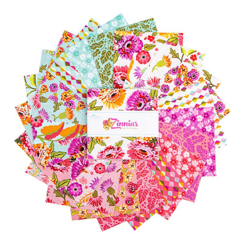 Zinnias 5" Stacker, Riley Blake 5-16690-42, 5" Precut Bright Floral Charm Pack Fabric Squares, Lila Tueller