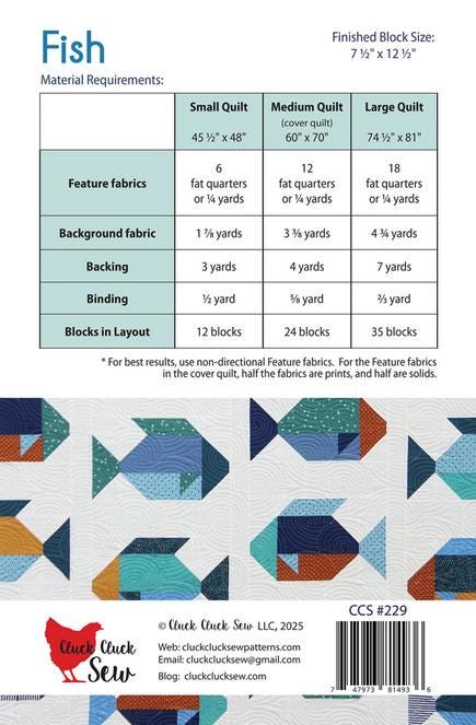 Fish Quilt Pattern, Cluck Cluck Sew CCS229, Fat Quarter FQ Friendly Multicolored Fish Lap Throw Bed Quilt Pattern