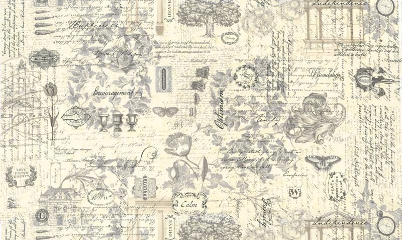 108" 3 Sisters Favorites Collages - French Text Florals on Cream Wide Quilt Back Fabric, Moda 108017 11, Sateen Quilt Backing, By the Yard